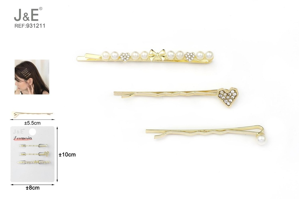 [12u/cx]Conjunto de hebillas con perlas en forma de corazón 3 piezas