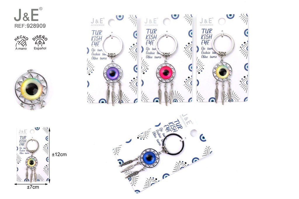 [12u/cx]Llavero con cordón, atrapasueños y vidrio en ojo multicolor 30mm