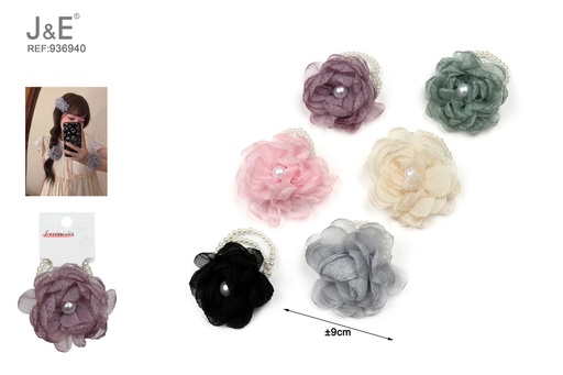 [936940] [12u/cx]Cuerda para el cabello con flores de malla y perlas